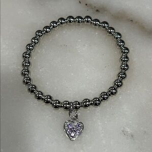 Silver Tone Beaded Stretch Bracelet with Purple Rhinestone Heart Charm
